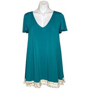 Judith March Green Tassel Mini Dress/Tunic, Short Sleeves Women's Size M